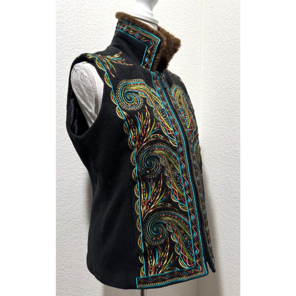 Bob Mackie Wearable Art Embroidered Vest w Faux Fur Collar Size S Zip Womens - Picture 6 of 11